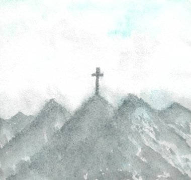 Bekar Hıristiyan haçı ve dağ. İnanç sembolü, Hıristiyanlık, ruhun sonsuz yaşamı, cennete açılan kapı Paskalya günü ve yükseliş günü için kutsal haç. Kağıda elle boyanmış suluboya.