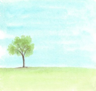 Mavi gökyüzü ve yeşil çimen tarlası olan tek bir ağacın suluboya doğası. Bahar ya da ilkbahar konsepti. Metin için boşluk kopyala. Kağıt üzerinde elle boyanmış doku.