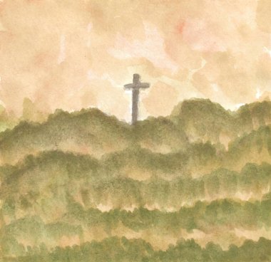 Bekar Hristiyan haçı dağda. İnanç sembolü, Hıristiyanlık, ruhun sonsuz yaşamı, cennete açılan kapı Paskalya günü ve yükseliş günü için kutsal haç. Kağıda elle boyanmış suluboya.
