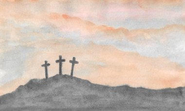 Dağda üç Hıristiyan haçı. İnanç sembolü, Hıristiyanlık, ruhun sonsuz yaşamı, cennete açılan kapı Paskalya günü ve yükseliş günü için kutsal haç. Kağıda elle boyanmış suluboya.