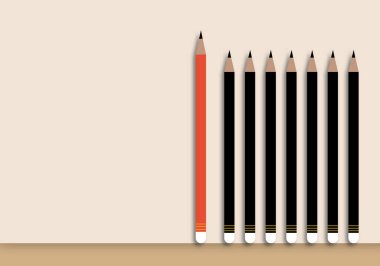 Siyah kalem grubuna sahip kırmızı kalem ve pastel arka planda gölge örtüsü. Kalabalıktan farklı düşünce, liderlik ve hırs için olağanüstü bir performans. metin için boşluk kopyala. kağıt kesim biçimi.
