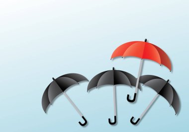 Siyah şemsiyeli kırmızı şemsiye ve mavi arka planda ışık farklı bir metafor ya da liderlik ve hırs olarak kullanılıyor. gölge örtüsü. Metin için boşluk kopyala. Kağıt kesim biçimi çizimi.