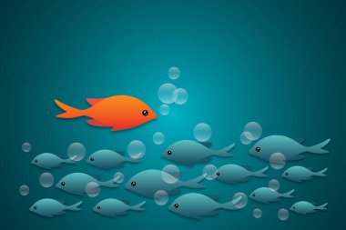 Kızıl balıklar, iş yaratıcılığının metaforu olarak mavi denizin altındaki gruptan yeni iş seçeneklerini, bireysel ve eşsiz liderleri keşfetmeye yönelirler. kopyalama alanı. kağıt kesim biçimi.