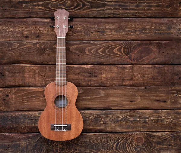 Ukulele Gitara Izolowana Drewnianym Tle Miejsce Tekst Tło Muzyczne — Zdjęcie stockowe