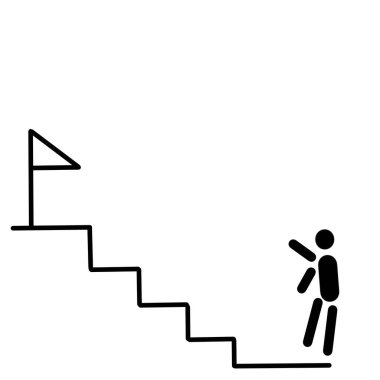 Geometric shapes represent person and stairs leading up to flag symbol on white background