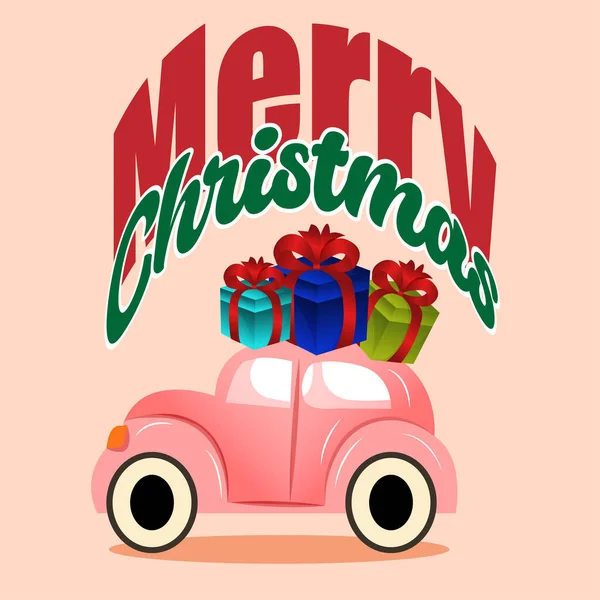 Merry Christmas Everyone Vintage Background Typography Car Gifts — Stock Vector
