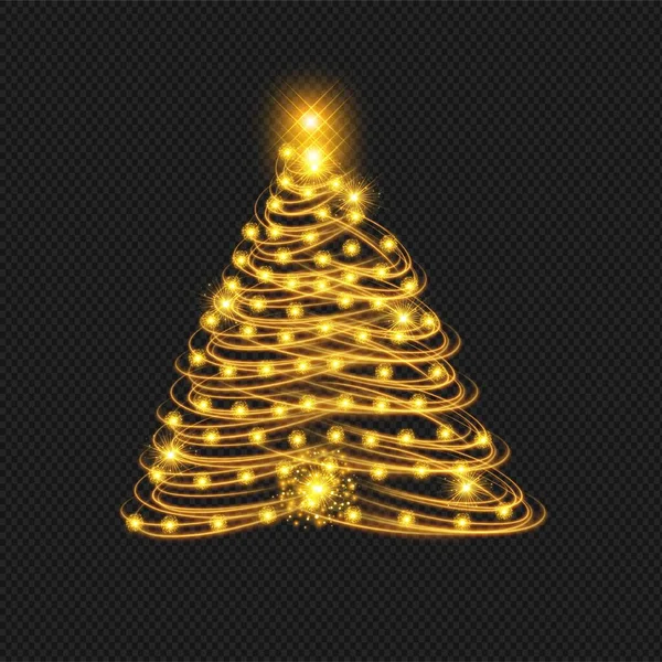 Christmas tree on night holiday background in yellow shades with glitter shiny and bright explosion.