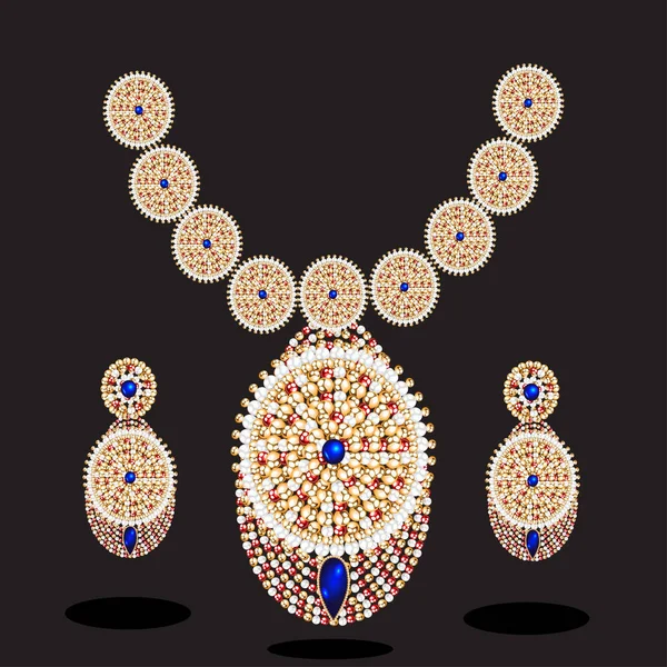 Ilustración Collar Oro Femenino Con Piedras Preciosas Azules — Archivo Imágenes Vectoriales