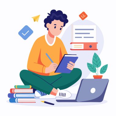  Not defterinde kalem ve kağıt olan öğrenci, online çalışıyor, yerde kompozisyon yazıyor..
