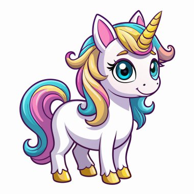 Tatlı sihirli tek boynuzlu at ve gökkuşağı. Vektör tasarımı beyaz arkaplanda izole edildi. 