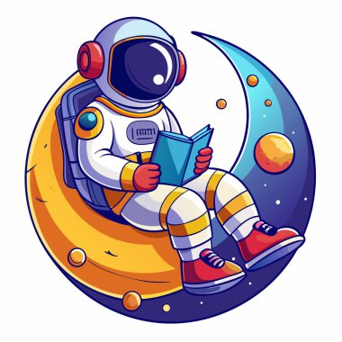 Astronot Ay 'a oturmuş kitap okuyor.