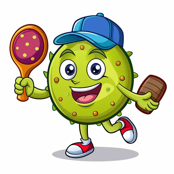 stock vector Pickle cartoon character taking a fast swing and hitting a pickleball over the net