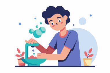 Düz resimli çocuk ellerini yıkıyor.