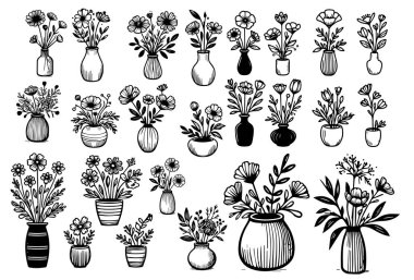 Vazodaki çiçekler kontur seti. Kartpostallar, not defterleri, çıkartmalar ve tasarım için basit karalama stili. Siyah ve beyaz. Zarif, güzel çiçekler, dekoratif bir element..