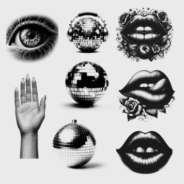 Dudaklar disko topu el fotokopi efekti elementleri grunge noktalı tanecikli dağınık doku ile ayarlandı. Moda y2k estetik vektör çizimi. Poster tasarımı için ideal, tişört.