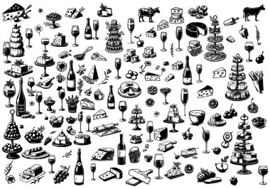 Tebeşirle veya mürekkeple çizilmiş yemek ve kahve ikonlarının vektör çizimi. Davetiyeler, menüler tasarımı, sosyal medya için Retro vintage çizgisi çizimi