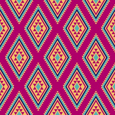 Renkli Navajo desenli vektör illüstrasyon arka planı. Amerikan yerlilerinin kusursuz kalıpları. Geometrik süs, moda, tekstil, kıyafet, ev dekorasyonu, kumaş, batik.