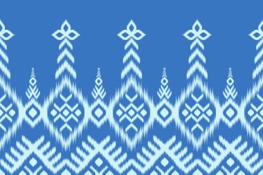 Ikat deseninin mavi rengi, Tayland sanat tasarımı, Ikat Süsleme stili, Ikat Yazdırma. Dekorasyon, giysi, kumaş, tekstil, moda için soyut geometrik kusursuz desen geleneksel etik.