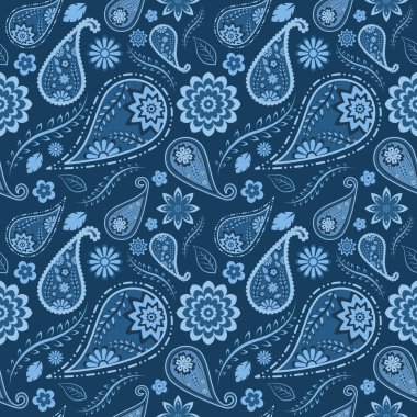 Şal desenli. Elbise, moda, kumaş ve tekstil için desenli tasarımın soyut arka planı. Dekorasyon için desensiz, geleneksel etik bir süs. Lacivert renk tonu.