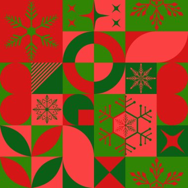 Geometri karesinin kırmızı yeşil renginde pürüzsüz desen. Mozaik kar taneleri Noel çeşnisi, ağ, ambalaj, duvar kağıdı, tekstil, moda dekorasyonu için Noel arkaplan tasarımını tasarladı.