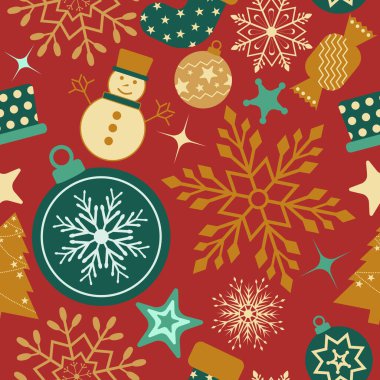 Kusursuz bir Noel deseni. Noel kartı, afiş, ambalaj, duvar kâğıdı, tekstil, moda dekorasyonu için kar taneleri, Noel balosu ve süsleri..