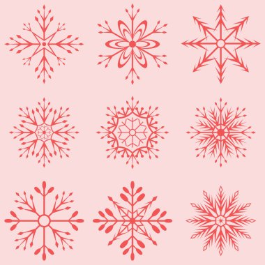 Kırmızı pembe renkte izole edilmiş kar tanesi ikonu koleksiyonu. Dekorasyon için Noel süsü. Noel baharatı için kar tanesi düz bir sembol.