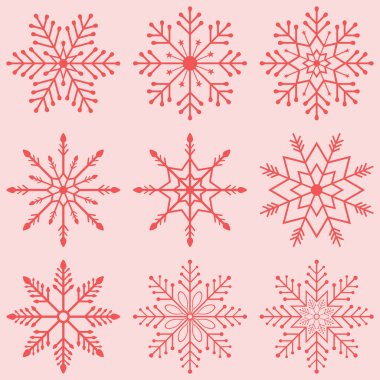 Kırmızı pembe renkte izole edilmiş kar tanesi ikonu koleksiyonu. Dekorasyon için Noel süsü. Noel baharatı için kar tanesi düz bir sembol.