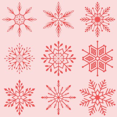 Kırmızı pembe renkte izole edilmiş kar tanesi ikonu koleksiyonu. Dekorasyon için Noel süsü. Noel baharatı için kar tanesi düz bir sembol.