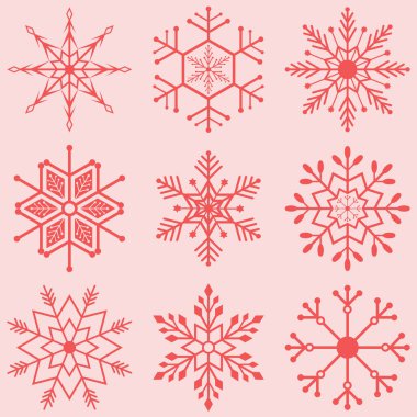 Kırmızı pembe renkte izole edilmiş kar tanesi ikonu koleksiyonu. Dekorasyon için Noel süsü. Noel baharatı için kar tanesi düz bir sembol.