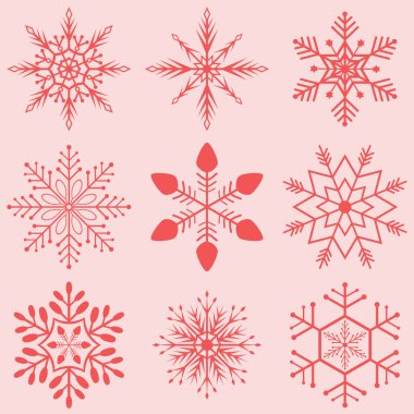 Kırmızı pembe renkte izole edilmiş kar tanesi ikonu koleksiyonu. Dekorasyon için Noel süsü. Noel baharatı için kar tanesi düz bir sembol.