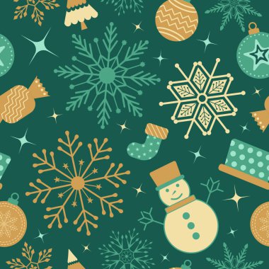 Kusursuz bir Noel deseni. Noel kartı, afiş, ambalaj, duvar kâğıdı, tekstil, moda dekorasyonu için kar taneleri, Noel balosu ve süsleri..