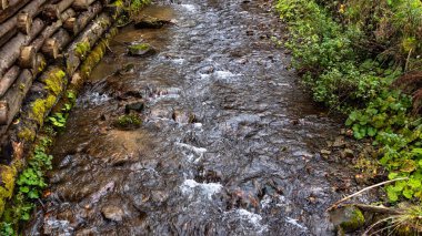 Sol yakası kütüklerle güçlendirilmiş dağ nehri.