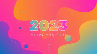 Renkli mutlu yeni yıl 2023 arkaplanı, gradyan soyut şekil ve çizgilerle. vektör illüstrasyonu