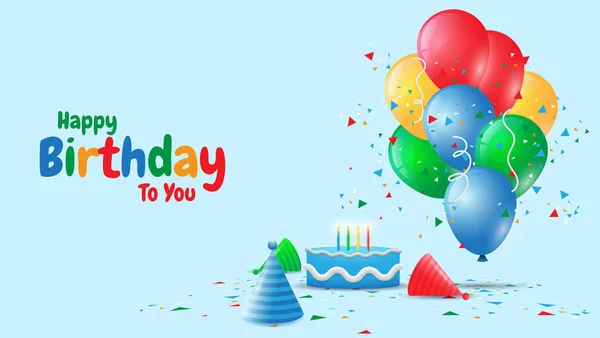 Kleurrijke Gelukkige Verjaardag Achtergrond Met Ballonnen Verjaardagshoed Verjaardagstaart Confetti Geschikt — Stockvector