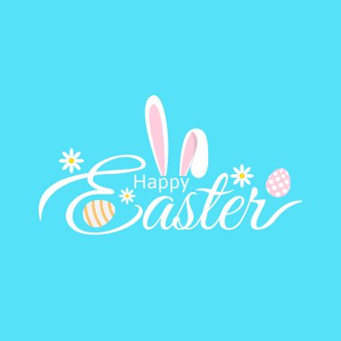 Tavşan kulaklı, yumurta ve çiçekli mutlu Paskalya tipografisi tasarımı. Tebrik kartı, afiş, poster vs. için uygun. vektör illüstrasyonu