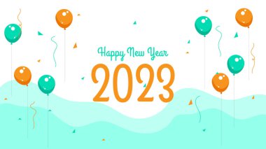 Balonlar ve konfetiyle yeni yıl 2023 vektör tasarımınız kutlu olsun. Pankart için uygun, Calender. poster, tebrik kartı, vs.