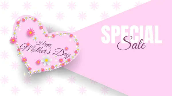 Happy Mother Day Sale Banner Design Met Bloemen Hart Vormen — Stockvector