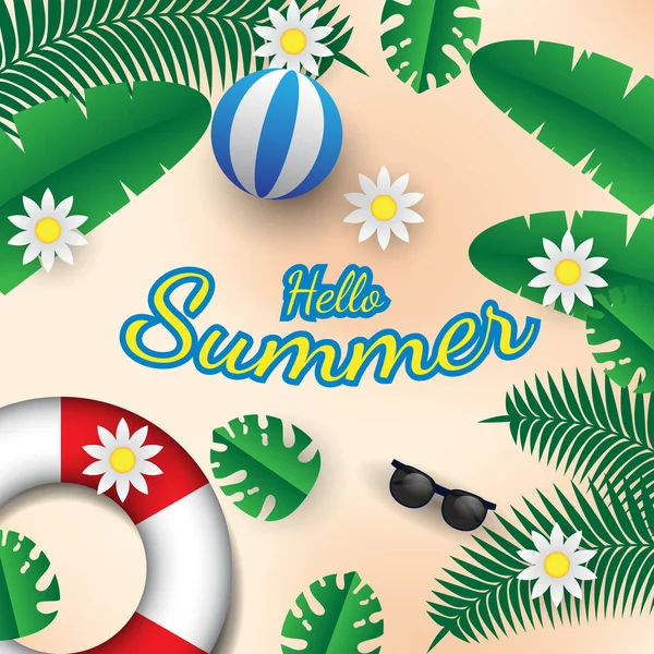 Summer Background Vector Design Leaves Flowers Beach Ball Sunglasses Suitable — Stock Vector