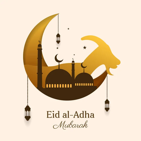 Eid Adha Moubarak Carte Vœux Avec Croissant Moutons Illustration Vectorielle — Image vectorielle