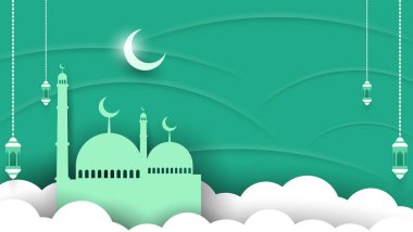 Yeşil ve beyaz renkli kağıt kesim biçimli İslami arkaplan.