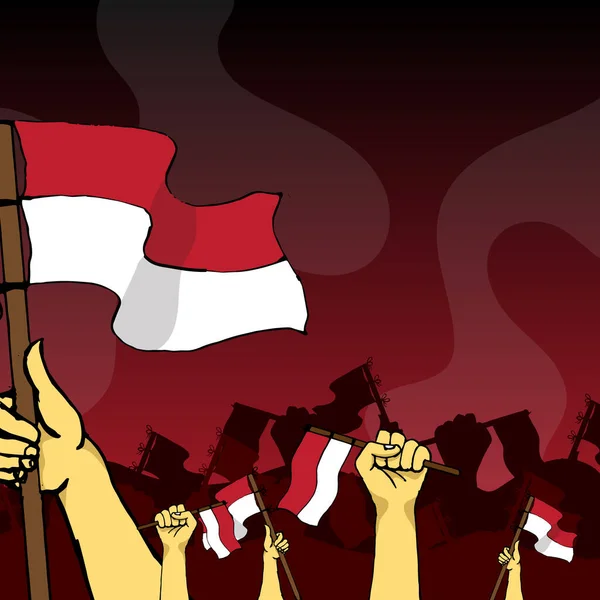 Indonesien Unabhängigkeitstag Banner Mit Handgezeichneten Stil Illustration Auf Rotem Hintergrund — Stockvektor