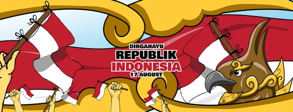 Indonesien Unabhängigkeitstag Banner Hintergrund Handzeichnung Stil Mit Regionalen Ornamenten — Stockvektor