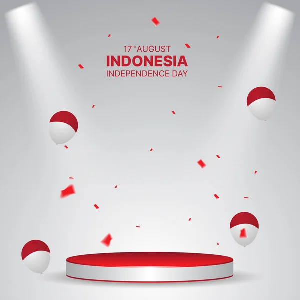 Endonezya Bağımsızlık Günü Pankartı Podyum Balonlar Konfeti Tanıtımı Veya Tebrik — Stok Vektör