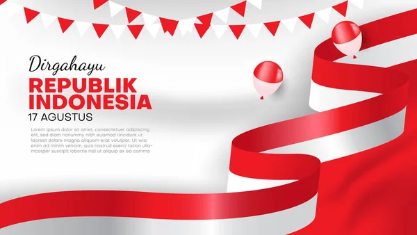 Bendera Hari Kemerdekaan Indonesia Dengan Pita Bendera Indonesia Balon Dan - Stok Vektor