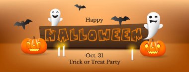 Cadılar Bayramı bayrağı tasarımında Cadılar Bayramı ögesi veya dekoratif nesne ile mutlu bayramlar