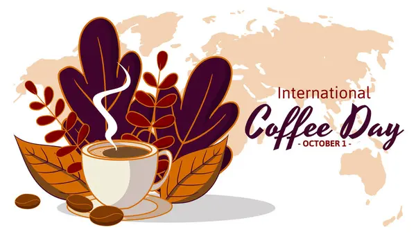 Uluslararası Kahve Günü Arka Planında Kahve Fincanı Bitkilerin Düz Çizimi Telifsiz Stok Vektörler