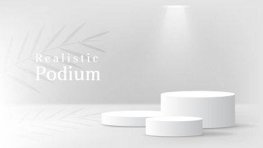 ürün gösterimi için beyaz podyum seti ve palmiye yaprağı gölgesi