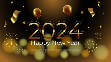 Balon, konfeti ve havai fişeklerle altın 2024 arka plan tasarımı. Yeni yıl bayrağı ya da afişi