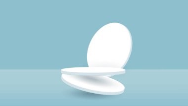 Mavi arka planlı en az üç boyutlu beyaz podyum tasarımı. beyaz kaide vektör tasarımı