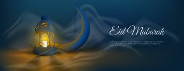 islamic banner background with 3d crescent, lantern and smoke. great for ramadan kareem and eid mubarak card. vector illustration clipart